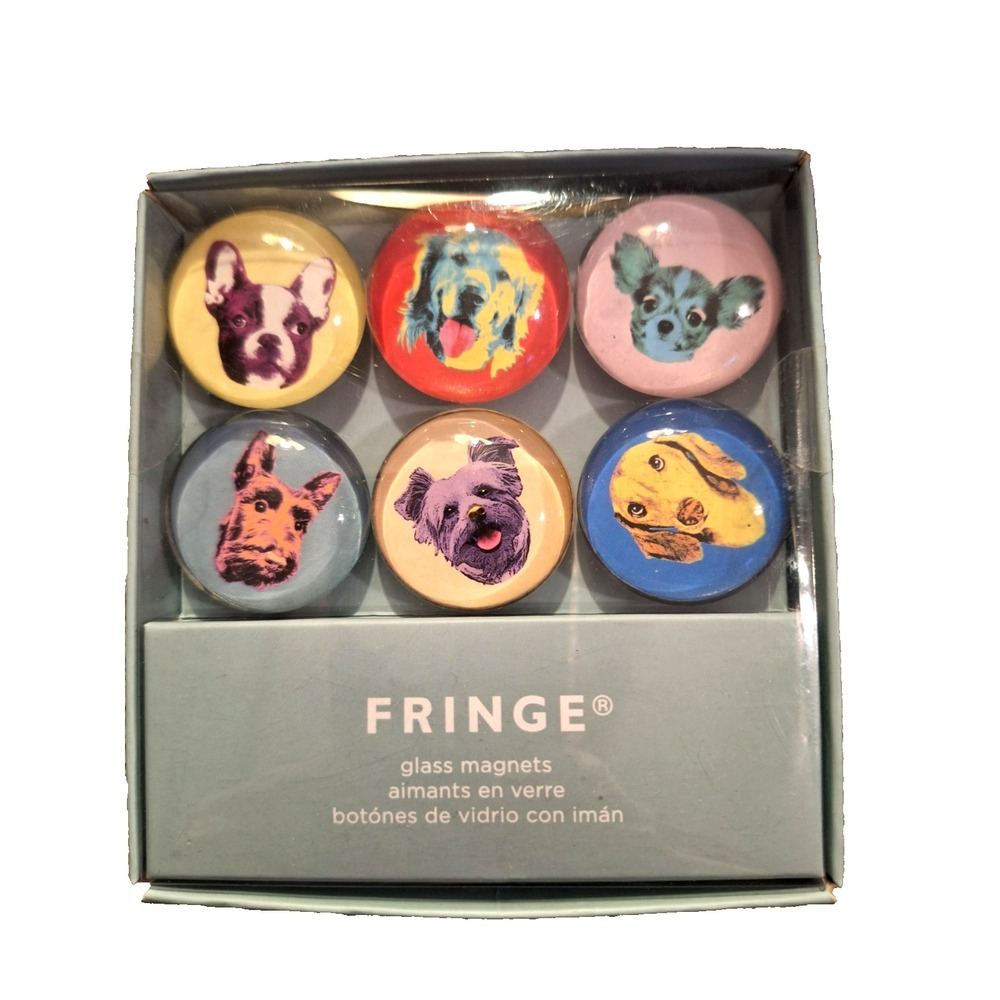 Fringe Set of 6 Glass Magnets with Assorted Dogs Faces New in Box‎